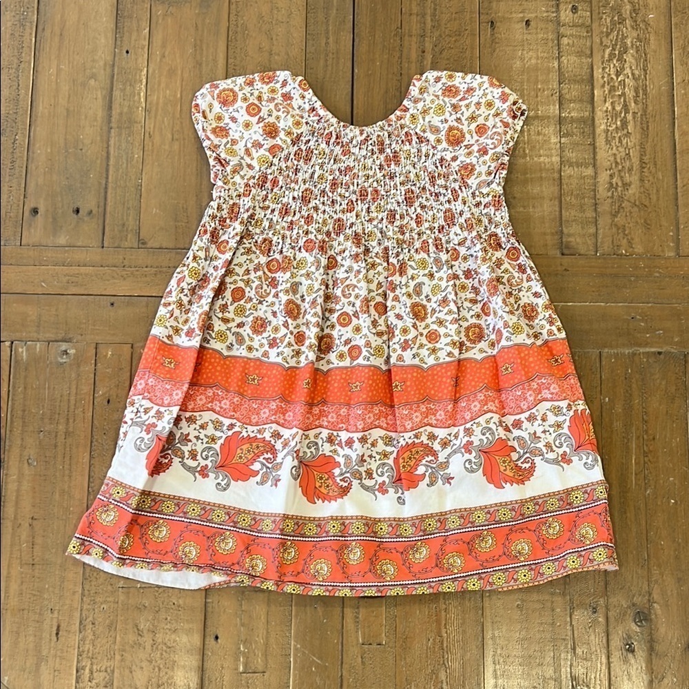 Janie and jack vintage Orange scarf print floral smocked cap sleeve dress